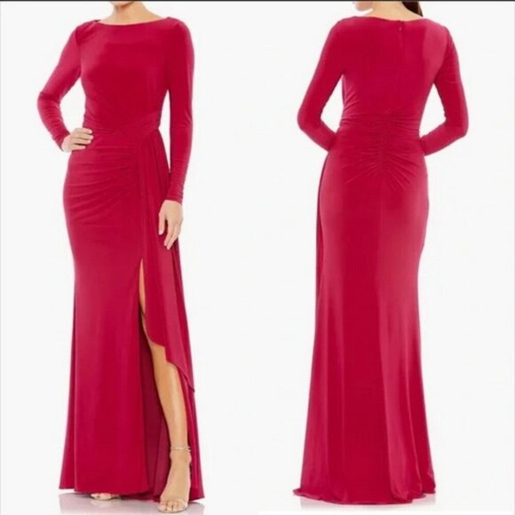 Ieena Mac Duggal Berry Red Long Sleeve Jersey Evening Gown